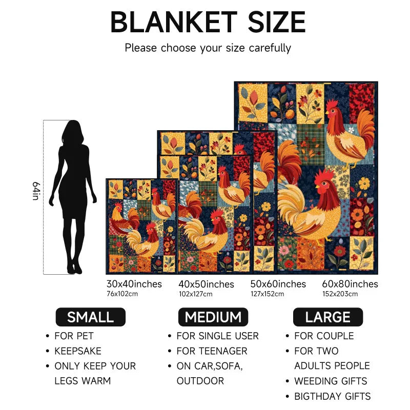 Colorful Rooster Themed Flannel Blanket