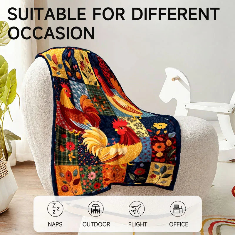 Colorful Rooster Themed Flannel Blanket