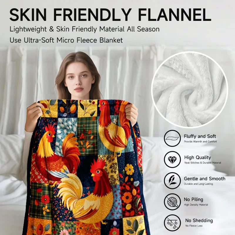 Colorful Rooster Themed Flannel Blanket