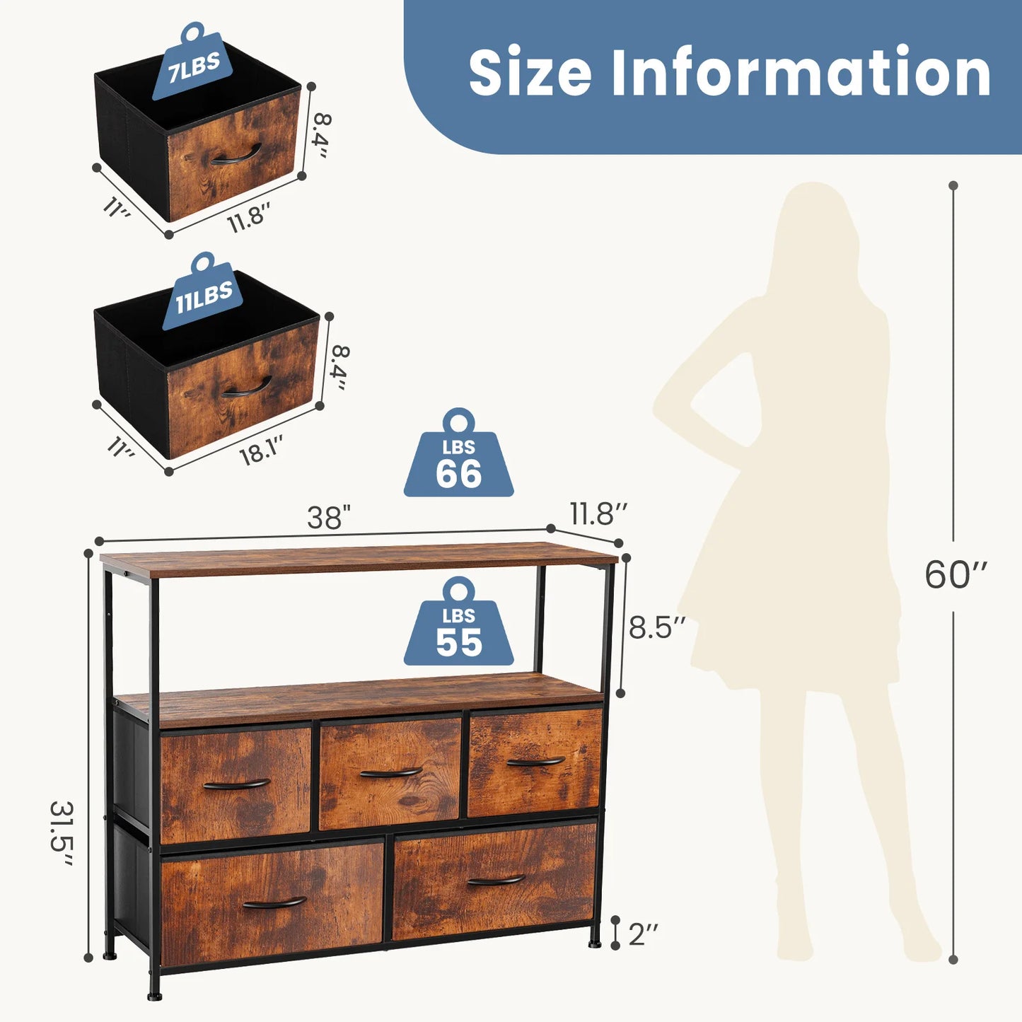 TV Stand with 5 Fabric Drawers