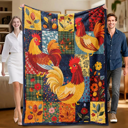 Colorful Rooster Themed Flannel Blanket