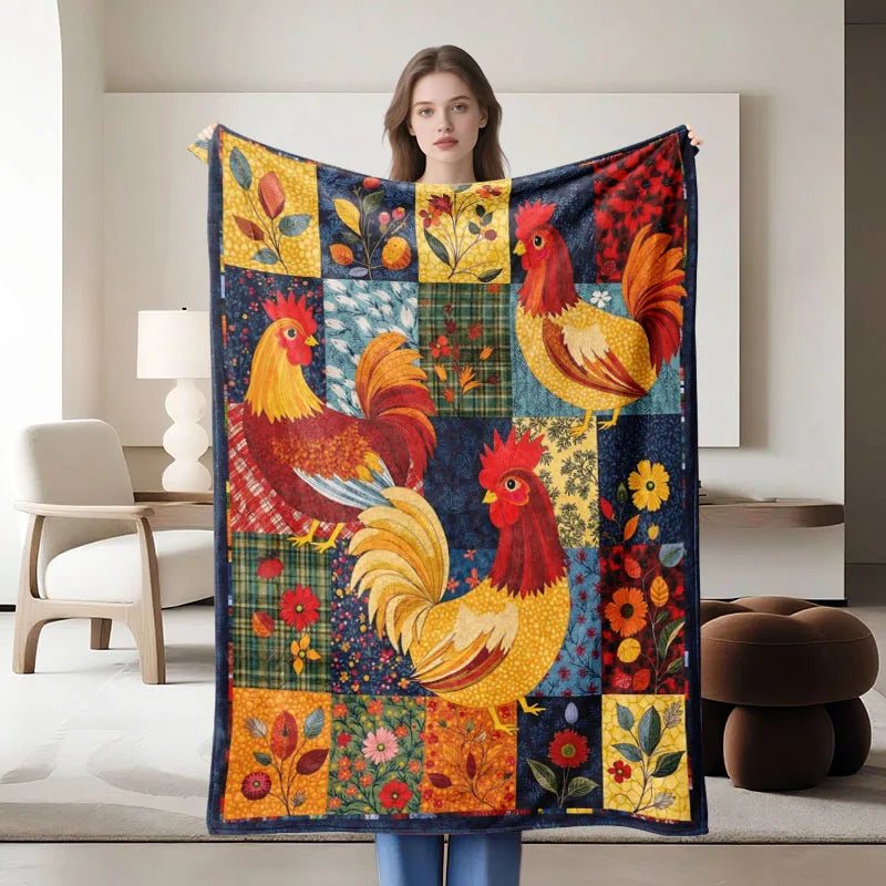 Colorful Rooster Themed Flannel Blanket