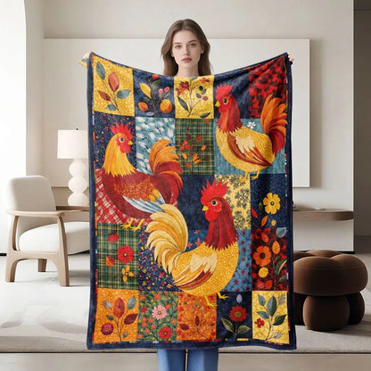 Colorful Rooster Themed Flannel Blanket