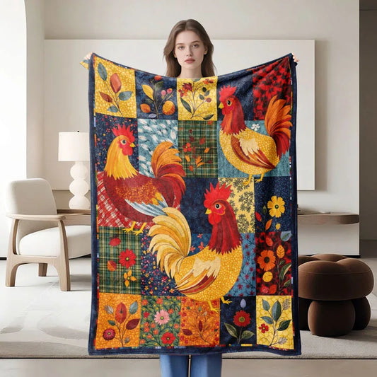 Colorful Rooster Themed Flannel Blanket