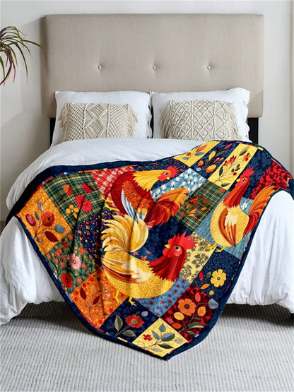 Colorful Rooster Themed Flannel Blanket